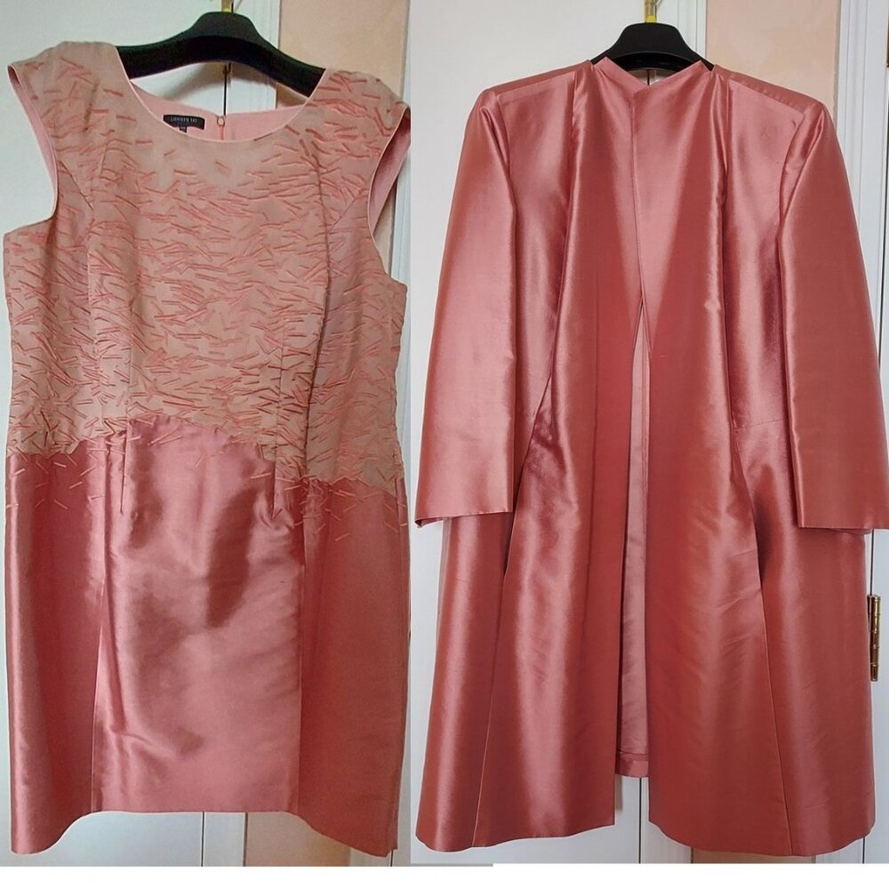 Lafayette 148 New York Pink Rose Two-Piece Satin Dress and Coat Set